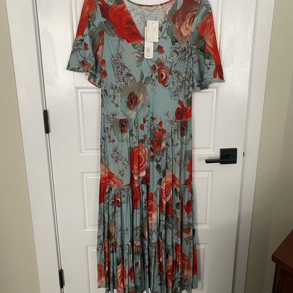 Soft Surroundings Green and Red Tiered Maxi Sundress in Size Petite Medium